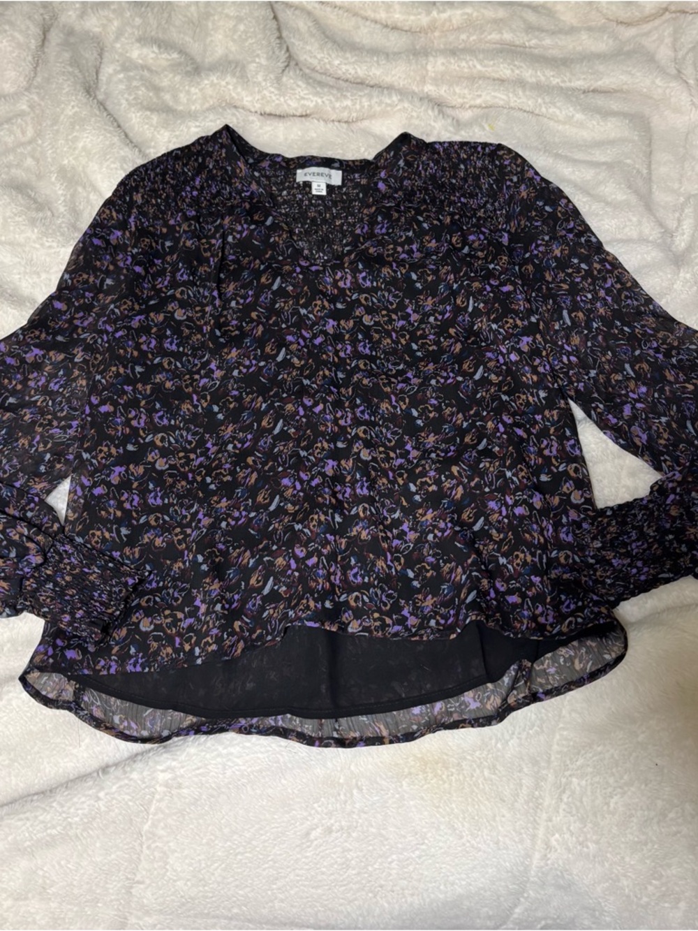 Evereve Black and Purple Floral Chiffon Smocked Blouse Fall Winter Dress Top